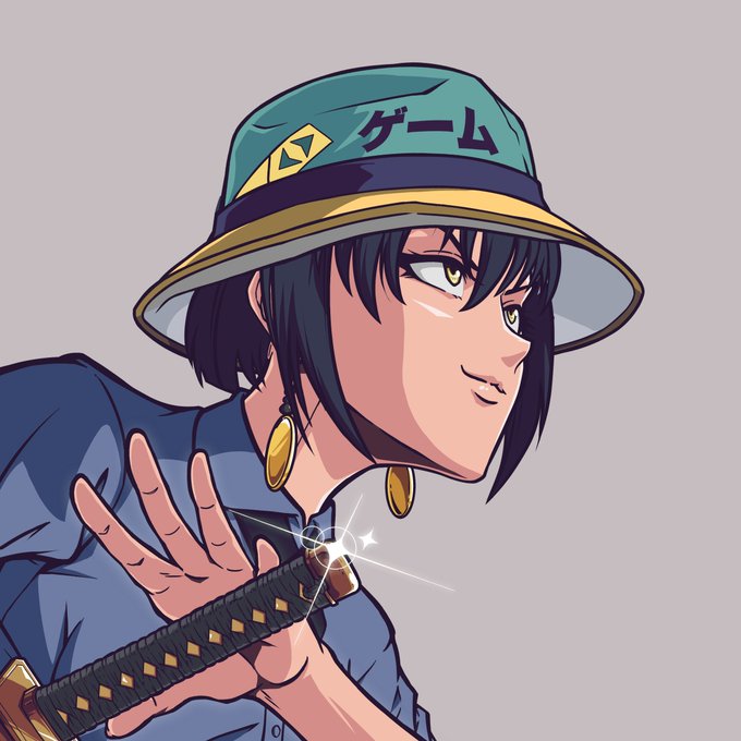An anime-style portrait of a young person with dark hair wearing a teal bucket hat with Japanese katakana characters reading "ゲーム" (Game), gold hoop earrings, and holding a katana with a sparkling highlight on the blade.