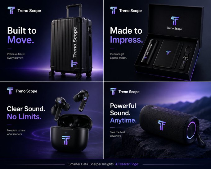 This image showcases Treno Scope's upcoming merch, featuring a suitcase, a gift box with accessories, wireless earbuds, and a portable speaker, all branded with the Treno Scope logo. This aligns perfectly with the post's announcement of Treno Scope merch being in the works.