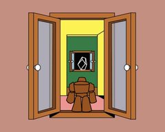 A cartoon drawing of an open doorway leading to a yellow room where a figure sits at a computer monitor displaying the Overwatch logo.