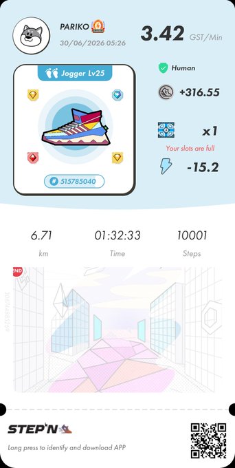 A STEP'N app screenshot showing user 'PARIKO' with a Jogger Lv25 sneaker NFT, displaying 6.71 km, 01:32:33 time, 10001 steps, and earning stats.