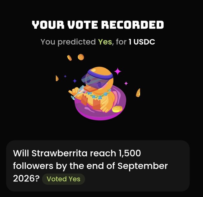 A confirmation screen showing 'YOUR VOTE RECORDED' with text 'You predicted Yes, for 1 USDC' and a question 'Will Strawberrita reach 1,500 followers by the end of September 2026?' marked 'Voted Yes', featuring a cartoon orange character.