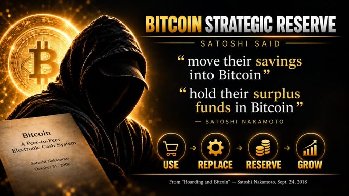 A promotional graphic titled "BITCOIN STRATEGIC RESERVE" attributing quotes to Satoshi Nakamoto about moving savings and holding surplus funds in Bitcoin, featuring a hooded figure and icons for USE, REPLACE, RESERVE, GROW.