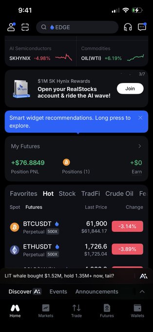 A mobile app interface showing futures trading data including BTCUSDT at 61,900 (-3.14%) and ETHUSDT at 1,726.6 (-3.89%), with a position PNL of +$76.8849.