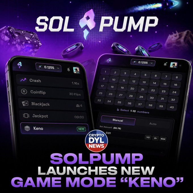 A promotional graphic for SolPump announcing its new Keno game mode, featuring two smartphone screens displaying the platform's interface—one showing game options including Crash, Coinflip, Blackjack, Jackpot, and the newly added Keno, and the other showing the Keno number selection grid (1-40). The bold headline reads "SOLPUMP LAUNCHES NEW GAME MODE 'KENO'", matching the announcement about the new on-chain game being added to the Solana-based gaming platform.