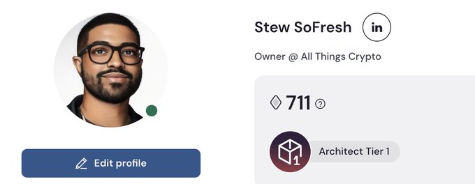 A LinkedIn-style profile showing 'Stew SoFresh' as Owner @ All Things Crypto, displaying 711 of an unknown token and an 'Architect Tier 1' badge.
