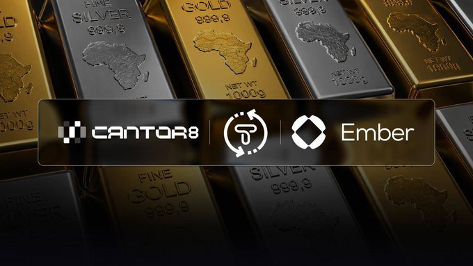 A promotional banner over an image of gold and silver bars, displaying logos for Cantor8, a circular emblem, and Ember.