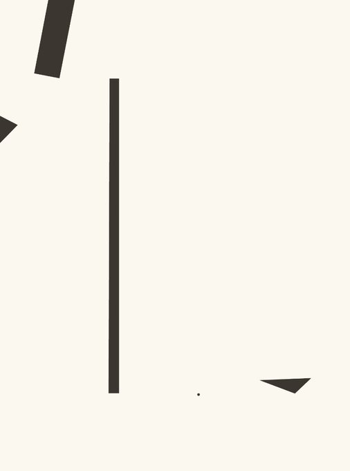 A minimalist black-and-white abstract composition features geometric shapes including rectangles, a small dot, and triangular forms scattered across a white background.