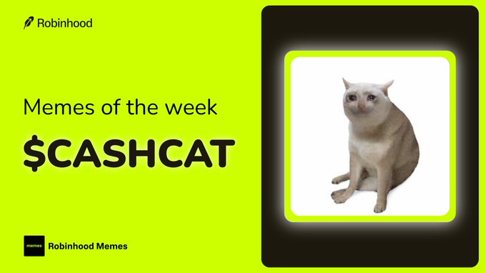 A Robinhood promotional graphic titled 'Memes of the week $CASHCAT' features a picture of a hairless cat sitting inside a glowing square frame.