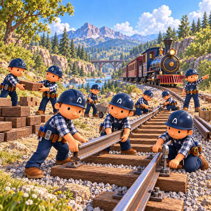 A digital illustration in a toy-figure style showing several cute construction workers in blue hard hats with an "A" logo building a railroad track in a mountainous, forested landscape with a steam train approaching.