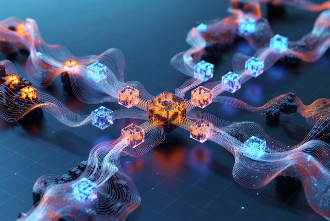 The image features a complex network of cubes, each connected by lines that create an intricate pattern across the frame. The cubes are colored in shades of orange, blue, and black, adding depth and dimension to the scene. The arrangement of these cubes suggests a connection between them, possibly symbolizing the interconnectedness of ideas or concepts.

The image is related to the post because it showcases a digital illustration that represents Nomisma's network for AI DeFi. This visual representation highlights the importance of the Nomisma Network in solving backend problems and managing gas MEV data load for AI DeFi applications, as well as providing users with an intuitive frontend experience through reasoning agents and persistent onchain memory.