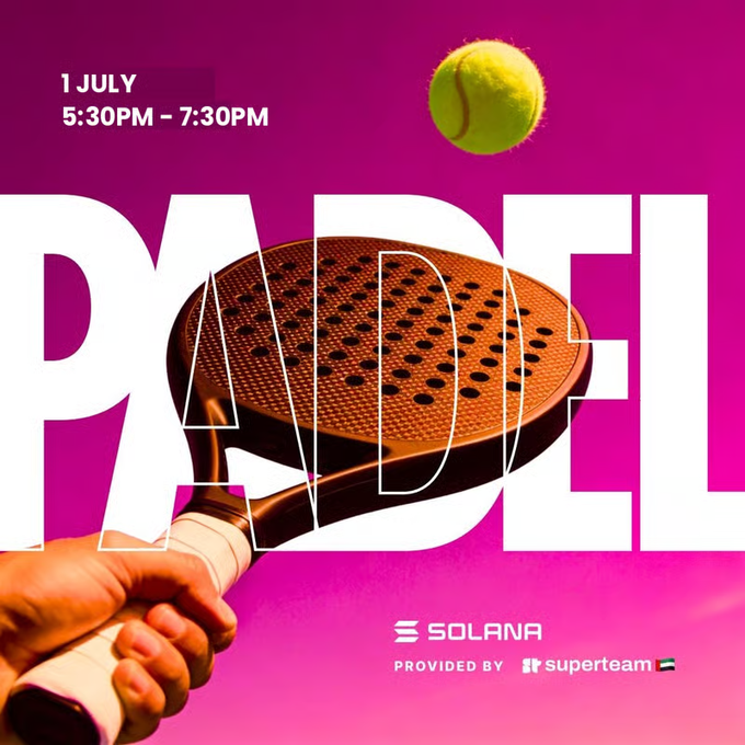 A vibrant magenta promotional graphic for a Solana Padel event scheduled for 1 July from 5:30PM–7:30PM, featuring a hand gripping a padel racket mid-swing against a tennis ball, with bold "PADEL" text and sponsor logos for Solana and Superteam. The design visually matches the post's announcement, using dynamic sports imagery to advertise the limited-space padel match.
