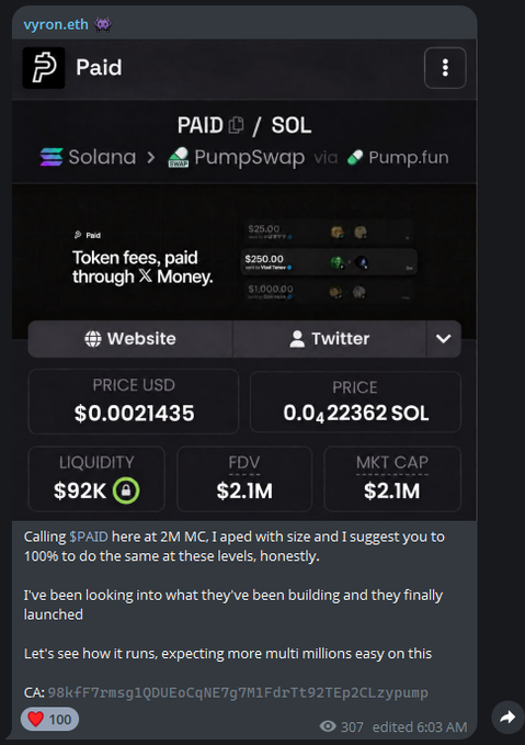 A post from vyron.eth on X showcasing the $PAID/SOL token on PumpSwap via Pump.fun, displaying a price of $0.0021435, market cap of $2.1M, and liquidity of $92K, with the user boasting about aping in at 2M MC and expecting "more multi millions." The caption relates to the post's excitement about turning small memecoin investments into "generational wealth," as the image highlights a trader celebrating their $PAID position as a potential moonshot.