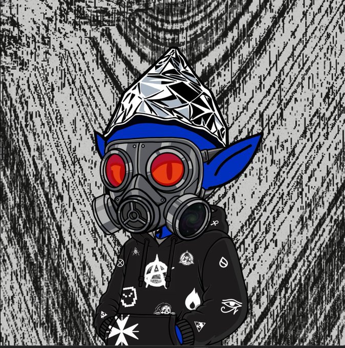 A digital illustration of a character with blue hair and pointed ears wearing a tinfoil hat, a gas mask with red eyes, and a black hoodie decorated with various white symbols, set against a textured gray background.