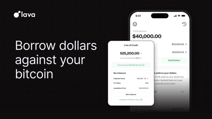 An advertisement for the Lava app stating 'Borrow dollars against your bitcoin', showing a mobile interface with a $40,000 total balance and $25,200 line of credit.