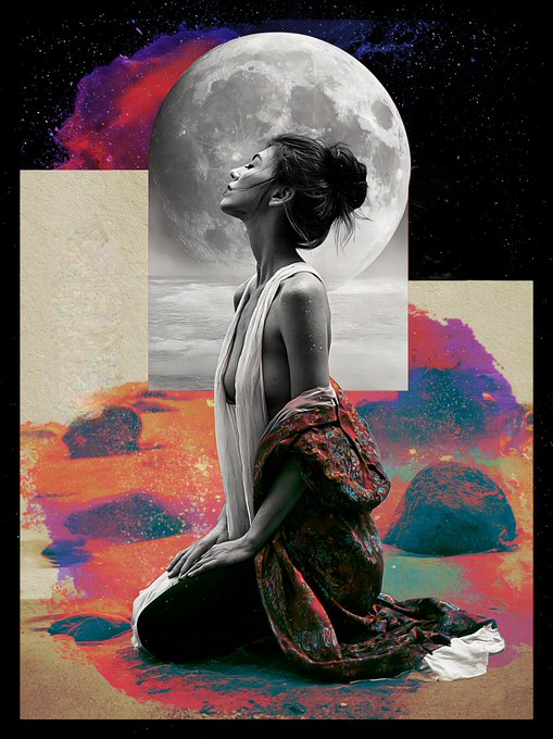 A surreal collage-style digital artwork depicting a woman in a white draped garment kneeling with her face turned upward toward a large full moon, set against a vibrant, colorful landscape.