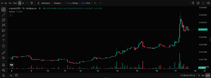 A cryptocurrency trading chart on TradingView showing a 1-hour candlestick graph for 'crypto/USD · 1h · birdeye.so' with prices ranging around 0.0020.