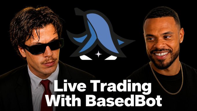 A thumbnail promoting a live trading session sponsored by BasedBot, featuring two men in suits—one wearing dark sunglasses and a red tie, the other smiling—flanking the BasedBot logo with the text "Live Trading With BasedBot" displayed below.