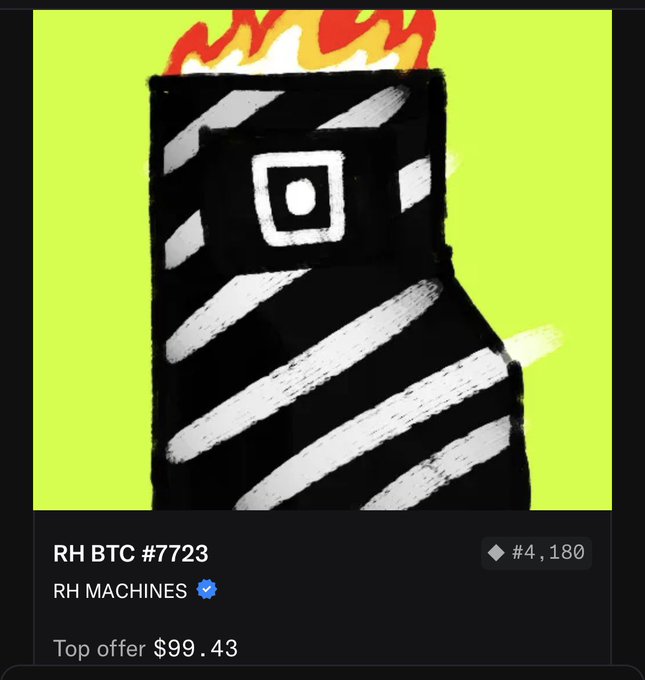 A digital artwork from the "RH Machines" NFT collection titled "RH BTC #7723" priced at $99.43, depicting a stylized striped figure on fire—visually reinforcing the message that "the dip is meant to be bought" by treating Bitcoin's price decline as an opportunity.
