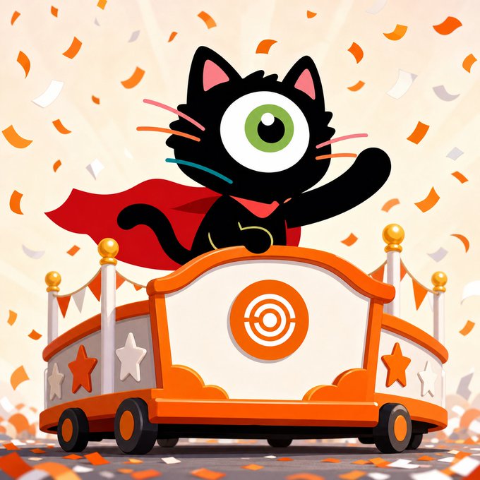 A cartoon black cat wearing a red superhero cape riding in an orange parade float decorated with stars, surrounded by falling confetti.