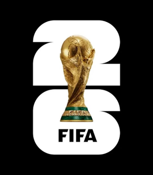 The official FIFA World Cup 2026 logo featuring the golden World Cup trophy integrated into stylized white numerals "26" on a black background with "FIFA" beneath.
