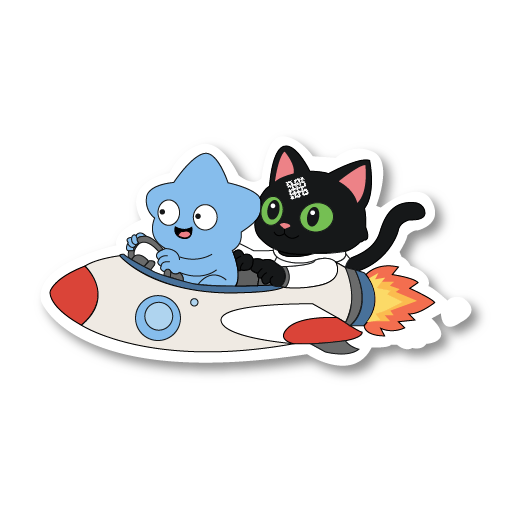 Cartoon sticker illustration of a blue cat and a black cat with green eyes flying together in a small rocket ship against a black background.