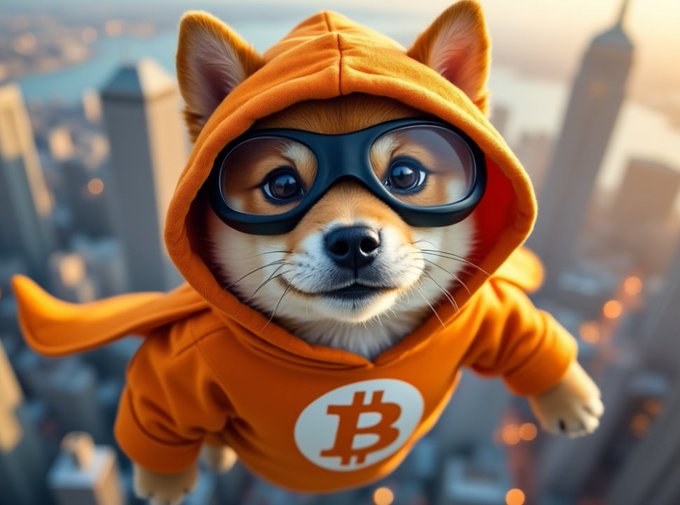A digital illustration of a Shiba Inu dog wearing an orange Bitcoin-themed hoodie and goggles, flying over a cityscape.
