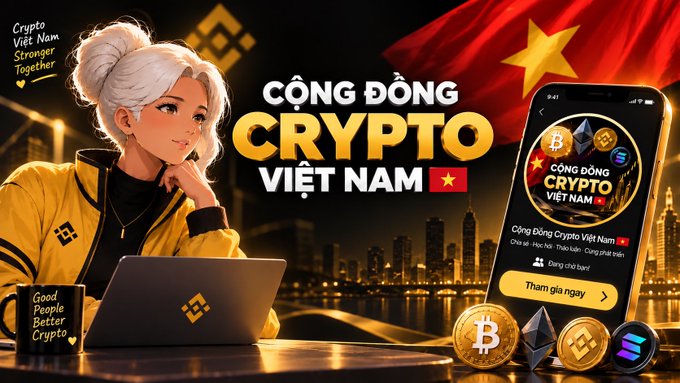 A promotional graphic for 'CỘNG ĐỒNG CRYPTO VIỆT NAM' featuring an anime-style woman, a Vietnamese flag, cryptocurrency coins, and a smartphone interface.