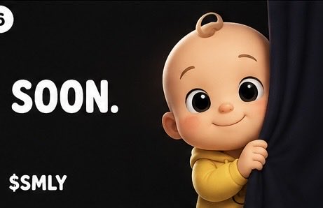 A baby cartoon character peeks out from behind a black curtain on the right side, with the text "SOON." displayed in bold white letters and "$SMLY" (appearing as "$SMLY") in the lower left corner, promoting an upcoming reveal for the SMLY project.