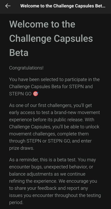 The image shows a black screen displaying an email invitation for a beta version of the Challenge Capsules beta, which are designed by StepN Go. The text on the screen welcomes participants to the beta version and congratulates them on being selected. It also mentions that they will be tested in the upcoming weeks and encourages them to share their feedback with the company.