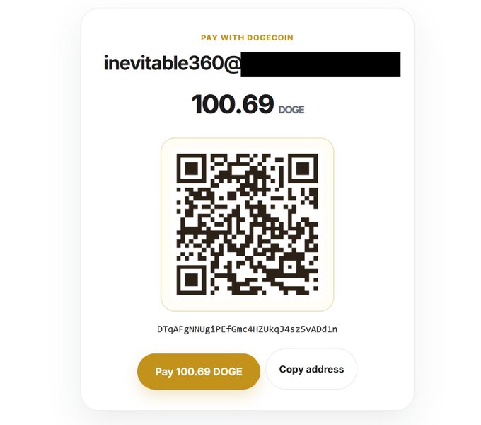 A cryptocurrency payment interface displays a Dogecoin (DOGE) payment request for 100.69 DOGE with a QR code and the wallet address 'DTqAFgNNUgiPEfGmc4HZUkqJ4szSvADd1n'.