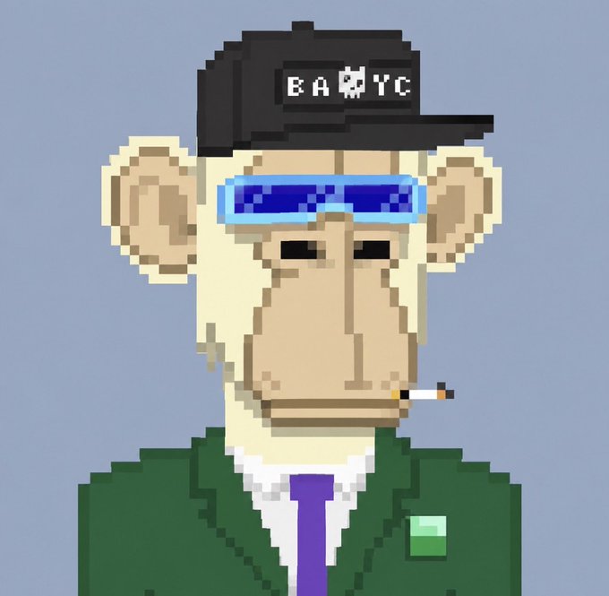 A pixel art portrait of a Bored Ape Yacht Club (BAYC) character wearing a black "BAYC" cap, blue sunglasses, a green suit, and a purple tie, smoking a cigarette.