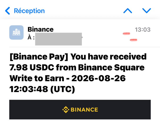 A smartphone email screenshot from Binance Pay showing a notification: '[Binance Pay] You have received 7.98 USDC from Binance Square Write to Earn - 2026-08-26 12:03:48 (UTC)'.