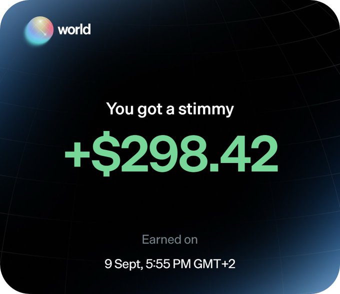 A notification from World ("world_xyz") confirms a "$298.42" reward earned on "9 Sept, 5:55 PM GMT+2," visually reinforcing the post's promotion of the platform's referral program and sign-up incentives via a Solana wallet and X account.
