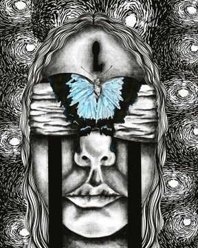 A surreal black-and-white illustration of a face features a glowing blue butterfly covering the eyes, set against a background of swirling, eye-like patterns.