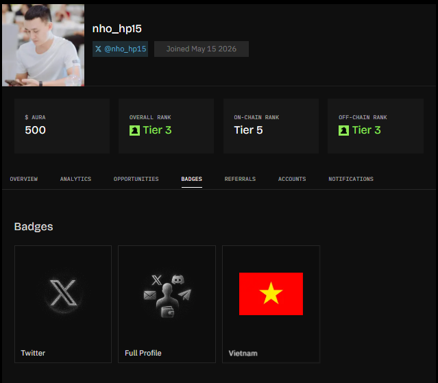A profile dashboard for user 'nho_hp15' showing 500 AURA, Tier 3 overall rank, and badges including Twitter, Full Profile, and Vietnam.