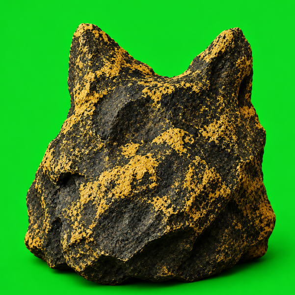 A dark, textured rock formation with orange/yellow mineral deposits against a bright green background.