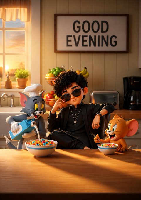 A stylized boy in a black suit and sunglasses sits at a kitchen table eating cereal with Tom the cat, who wears a chef's hat and pours milk, while Jerry the mouse sits nearby; a framed sign reads 'GOOD EVENING'.