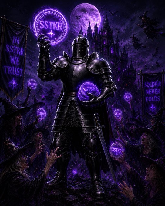 Dark fantasy digital artwork featuring a knight in black armor holding purple "$STKR" coin medallions, with banners reading "IN $STKR WE TRUST" and "SOLDIER NEVER FOLDS", set against a gothic castle and full moon backdrop.