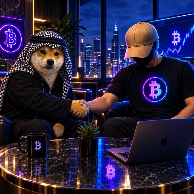 A digital illustration of a Shiba Inu dog wearing a keffiyeh shaking hands with a person in a Bitcoin shirt and mask, with Bitcoin neon signs and a city skyline in the background.