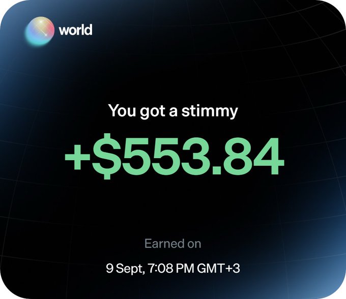 The image shows a Worldcoin notification displaying "You got a stimmy +$553.84" earned on 9 Sept, 7:08 PM GMT+3, which the accompanying post uses as visual proof of a claimed $553 risk-free earnings opportunity via a Solana wallet strategy.