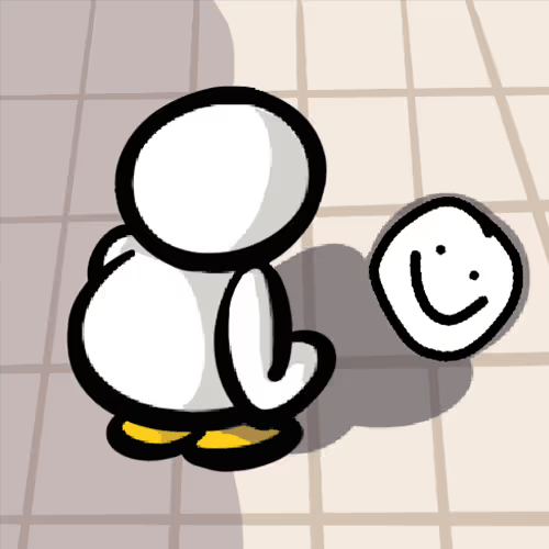 A simple cartoon illustration of a white figure sitting on a tiled floor next to a smiling round face/balloon.