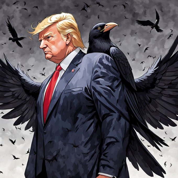A cartoon illustration of a blonde-haired man in a suit with a red tie, depicted with large crow/raven wings and a black bird perched on his shoulder, surrounded by a flock of crows in a stormy sky.

The image evokes the metaphor of a powerful figure commanding a flock—fitting the post's comparison between crypto projects whose code remained unchanged (like $ZEC's underlying zk-SNARKs and 21M cap) but rose dramatically once narrative, utility, and accessibility (Zashi wallet) gave them wings. The question "and NOW. $RVN?" implies Ravencoin may be next in line to take flight.