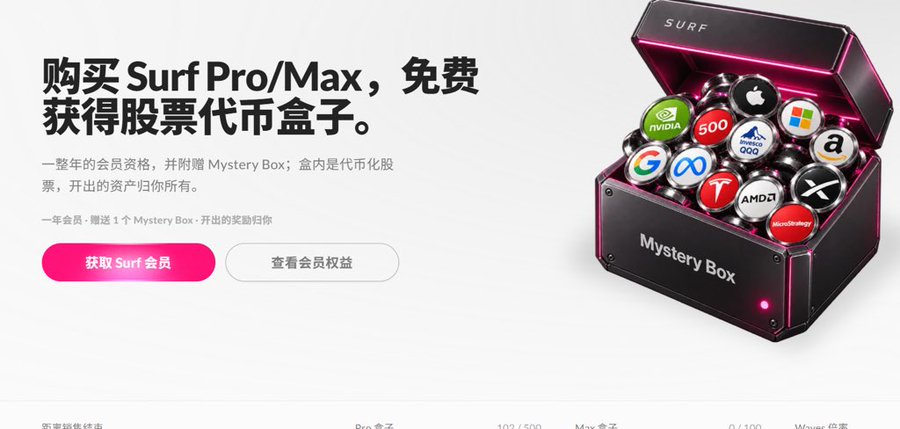 Advertisement for Surf Pro/Max offering a free Mystery Box of tokenized stocks (showing logos like NVIDIA, Google, Apple, Meta, Tesla, AMD), with a pink CTA button to get Surf membership.