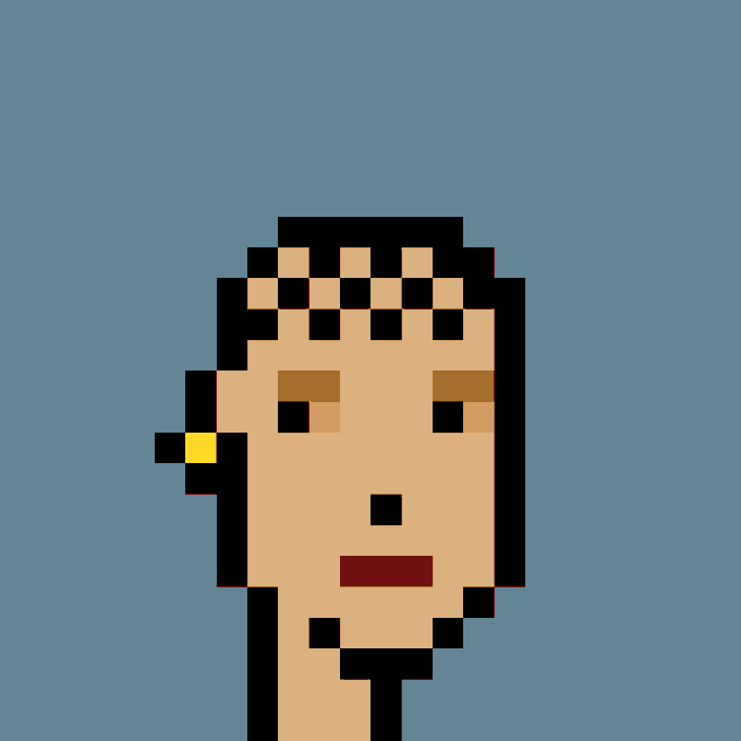 A pixel art portrait of a person with light brown skin, a checkered headband, and a yellow earring, set against a solid light blue background.