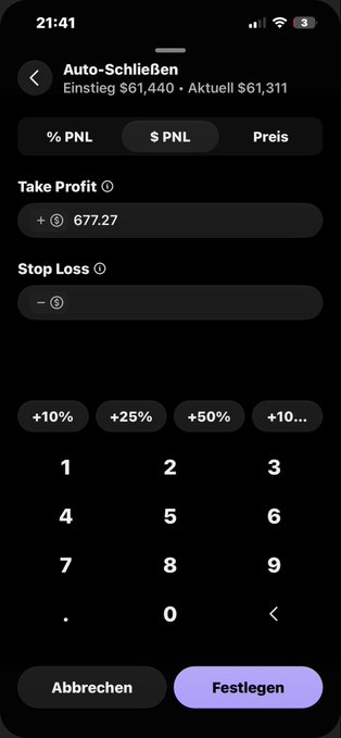 The image shows a cell phone screen displaying a calculator with symbols for various mathematical functions, including addition, subtraction, division, and negative numbers. The user interface features a button that says "Abbrechen" and another button labeled "Fetlegen". There is also a text box providing information about Bitcoin trading on the device. The background color of the image appears to be black, with some brown lines visible around certain parts.