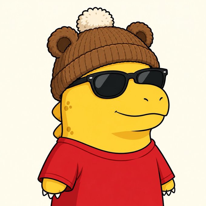 A cartoon illustration of a yellow dinosaur-like character wearing black sunglasses, a red t-shirt, and a brown knitted beanie with bear ears and a white pom-pom on top.