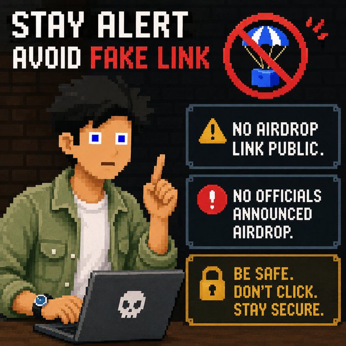 The image features a man sitting at a table with an open laptop computer, wearing a green jacket. The text of the image includes warnings about fake airdrop links and the importance of staying alert when using computers.