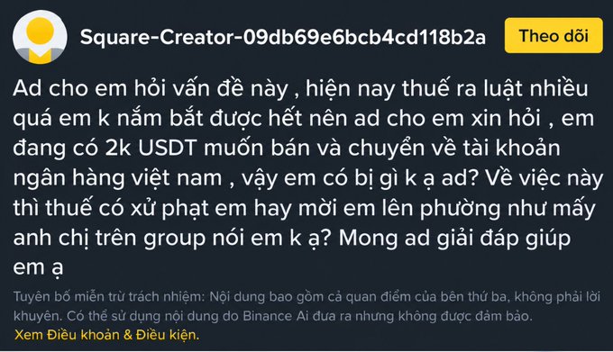 Vietnamese message from 'Square-Creator-09db69e6bcd4cd118b2a' asking about tax obligations and penalties for selling 2,000 USDT, with a Binance AI disclaimer.