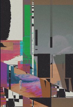 The image features a collage of various images, including a person walking down a street with buildings and other elements surrounding them. The collage includes different colors and textures, creating an abstract and visually interesting piece of art. The caption below the image reads "Who' s shopping for some amazing art today? I got some amazing works looking for new homes!! All available works below on @TransientLabs".