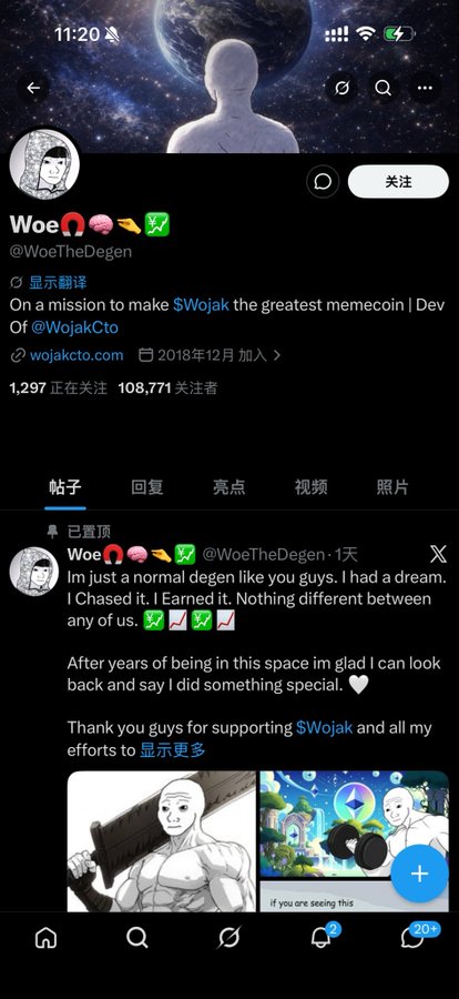 The image shows a Twitter/X profile for "Woe" (@WoeTheDegen) with 108,771 followers, displaying a pinned post about launching the memecoin $WOJAK. The accompanying note warns that this account belongs to @TheWojakDev, not the actual Wojak developer or team member, highlighting concerns about user misrepresentation within the $WOJAK community.